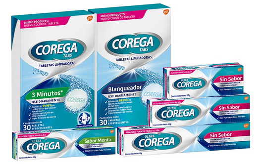 Variedad de productos Corega en México: adhesivos y tabletas para limpieza y fijación de prótesis dentales